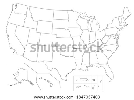 Outline United States Of America map. US background template. Map of America with separated countries and interstate borders. All states and regions are named in the layer panel.