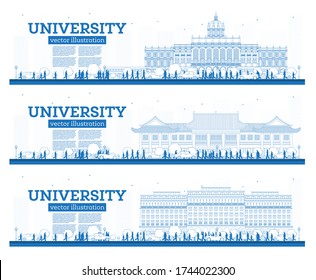 Outline University Campus Set. Study Banners. Vector Illustration. Students Go to the Main Building of University. Skyline with Blue Sky and Green Tree. Banner with Copy Space.