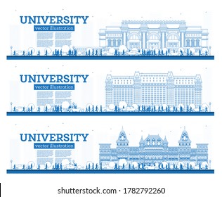 Outline University Campus Set. Study Banners. Vector Illustration. Students Go to the Main Building of University. Skyline with Blue Sky and Green Tree. Banner with Copy Space.