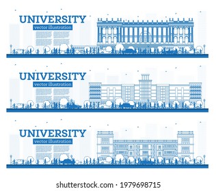 Outline University Campus Set. Study Banners. Vector Illustration. Students Go to the Main Building of University. Skyline with Blue Sky and Green Tree. Banner with Copy Space.