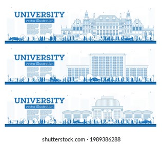 Outline University Campus Set. Studiere Banner. Vektorgrafik. Die Studenten gehen zum Hauptgebäude der Universität. Skyline mit blauem Himmel und grünem Baum. Banner mit Kopienraum.