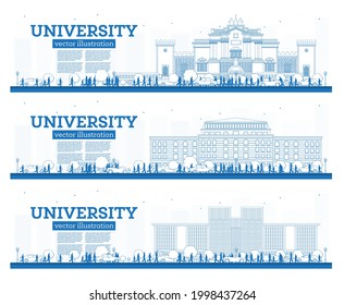 Outline University Campus Set. Study Banners. Vector Illustration. Students Go to the Main Building of University. Skyline with Blue Sky and Green Tree. Banner with Copy Space.