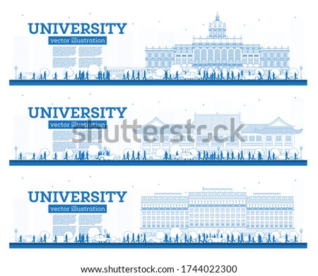 Outline University Campus Set. Study Banners. Vector Illustration. Students Go to the Main Building of University. Skyline with Blue Sky and Green Tree. Banner with Copy Space.