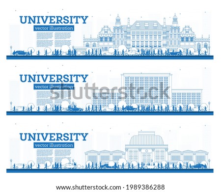 Outline University Campus Set. Study Banners. Vector Illustration. Students Go to the Main Building of University. Skyline with Blue Sky and Green Tree. Banner with Copy Space.