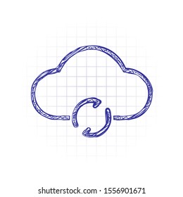 outline update simple cloud icon. linear symbol with thin outline. Hand drawn sketched picture with scribble fill. Blue ink. Doodle on white background