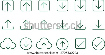 Outline upload, download, cloud, checkmark, and arrow icon set
