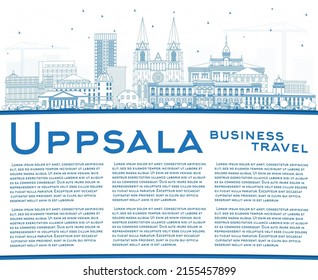 Outline Uppsala Sweden City Skyline with Blue Buildings and Copy Space. Vector Illustration. Uppsala Cityscape with Landmarks. Business Travel and Tourism Concept with Historic Architecture.