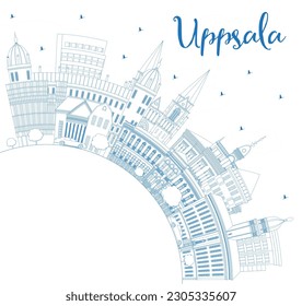 Outline Uppsala Sweden City Skyline with Blue Buildings and Copy Space. Vector Illustration. Uppsala Cityscape with Landmarks. Business Travel and Tourism Concept with Historic Architecture.