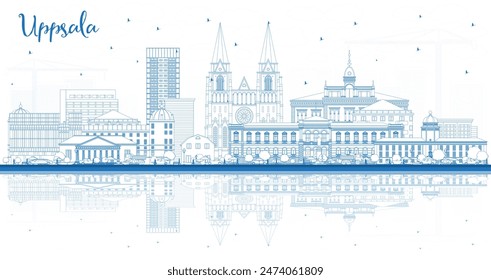 Outline Uppsala Sweden City Skyline with Blue Buildings. Vector Illustration. Uppsala Cityscape with Landmarks. Business Travel and Tourism Concept with Historic Architecture.