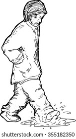 Outline of upset man with hands in pocket stepping in puddle