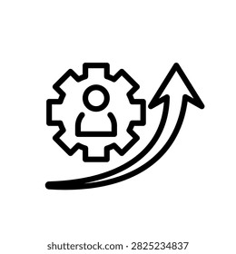 Outline upskill icon featuring a person inside a gear with a curved upward arrow representing skill improvement, professional development, training, and career advancement.