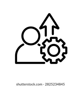 Outline upskill icon featuring a person, gear, and upward arrow representing skill development, employee training, career growth, and professional improvement.