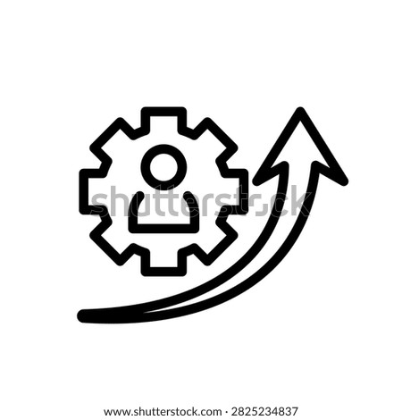 Outline upskill icon featuring a person inside a gear with a curved upward arrow representing skill improvement, professional development, training, and career advancement.