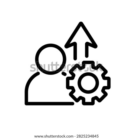 Outline upskill icon featuring a person, gear, and upward arrow representing skill development, employee training, career growth, and professional improvement.