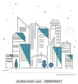 Outline urban scene with buildings, skyscrapers, road. The line-drawn modern city. Flat design. Vector illustration of front façade building . City concept illustration. Cityscape. 