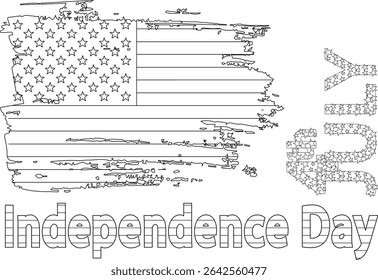 Outline US Flag and Independence Day Text, Black and white line art illustration featuring a distressed American flag with stars and stripes. The design includes the text 'JULY 4th' formed by stars