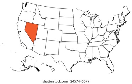 The outline of the US map with state borders. The US state of Nevada