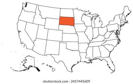 The outline of the US map with state borders. The US state of South Dakota