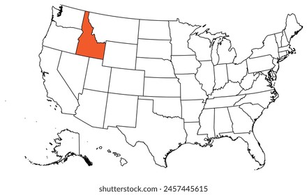 The outline of the US map with state borders. The US state of Idaho