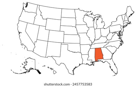 The outline of the US map with state borders. The US state of Alabama