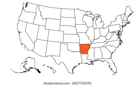 The outline of the US map with state borders. The US state of Arkansas