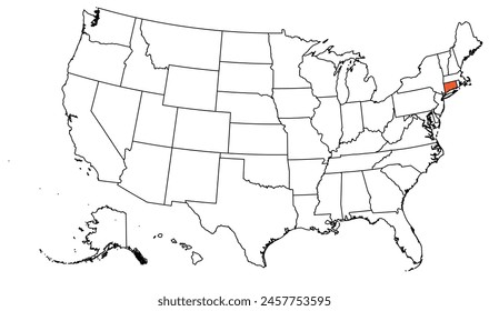 The outline of the US map with state borders. The US state of Connecticut
