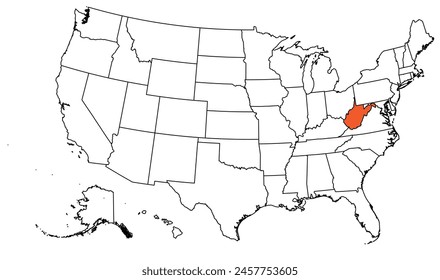 The outline of the US map with state borders. The US state of West Virginia