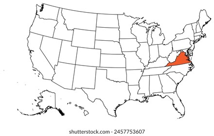 The outline of the US map with state borders. The US state of Virginia