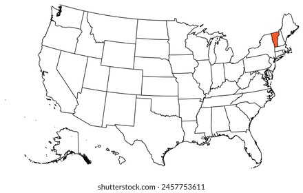The outline of the US map with state borders. The US state of Vermont