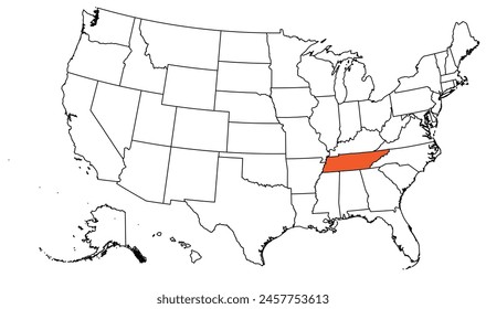 The outline of the US map with state borders. The US state of Tennessee