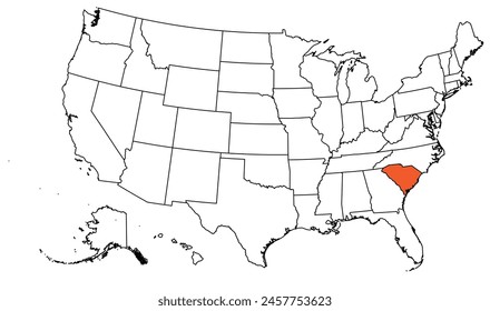 The outline of the US map with state borders. The US state of South Carolina