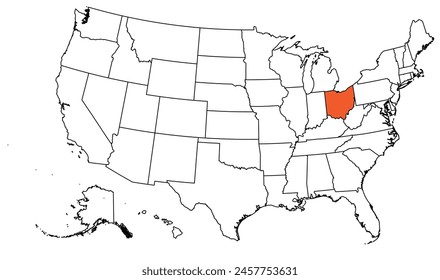 The outline of the US map with state borders. The US state of Ohio