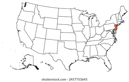 The outline of the US map with state borders. The US state of New Jersey