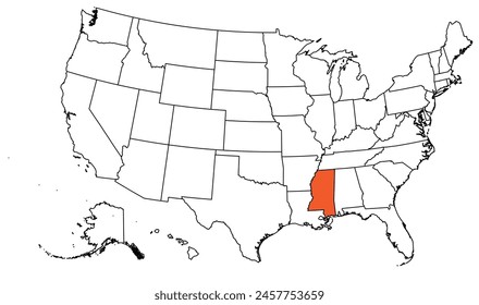 The outline of the US map with state borders. The US state of Mississippi