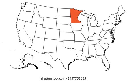 The outline of the US map with state borders. The US state of Minnesota