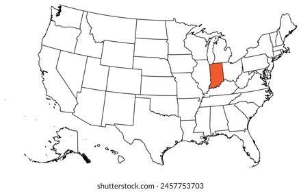 The outline of the US map with state borders. The US state of Indiana