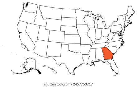The outline of the US map with state borders. The US state of Georgia