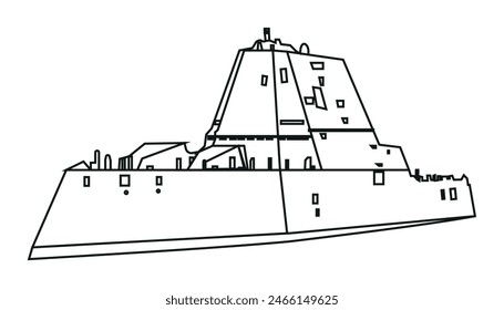 Outline of a US Navy DDG 1000 Zumwalt multirole battleship. Vector image of black-and-white illustrations and charts