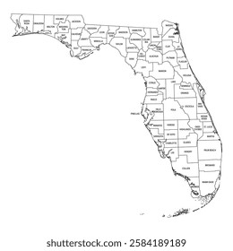 Outline of U.S. state Florida divided into counties. State in the Southeastern region of United States, subdivided into 67 counties. Map with county boundaries and names. Black and white illustration.