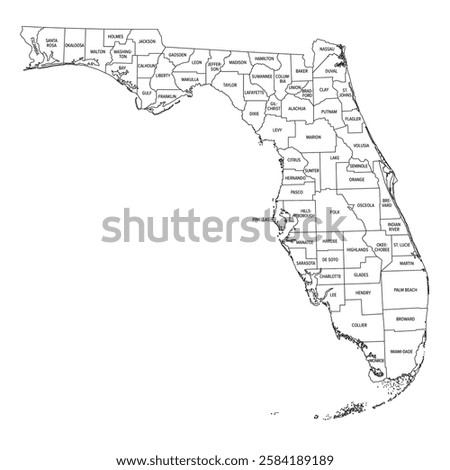 Outline of U.S. state Florida divided into counties. State in the Southeastern region of United States, subdivided into 67 counties. Map with county boundaries and names. Black and white illustration.