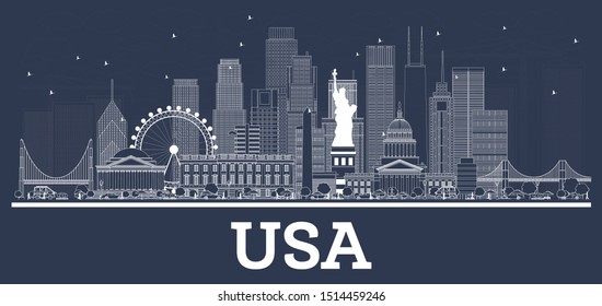 Outline USA City Skyline with White Buildings. Vector Illustration. Business Travel and Concept with Historic Architecture. USA Cityscape with Landmarks.