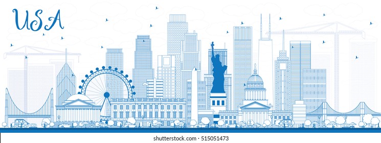 Outline USA Skyline with Blue Skyscrapers and Landmarks. Vector Illustration. Business Travel and Tourism Concept with Modern Architecture. Image for Presentation Banner Placard and Web Site.