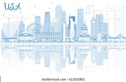 Outline USA Skyline with Blue Skyscrapers and Landmarks. Vector Illustration. Business Travel and Tourism Concept with Modern Architecture. Image for Presentation Banner Placard and Web Site.