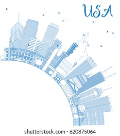 Outline USA Skyline with Blue Skyscrapers, Landmarks and Copy Space. Vector Illustration. Business Travel and Tourism Concept with Modern Architecture. Image for Presentation Banner Placard and Web.