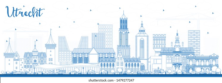 Outline Utrecht Netherlands City Skyline with Blue Buildings. Business Travel and Tourism Concept with Historic Architecture. Utrecht Cityscape with Landmarks.