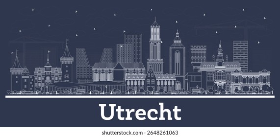 Outline Utrecht Netherlands City Skyline com edifícios brancos. Business Travel and Tourism Concept com arquitetura histórica. Paisagem urbana de Utrecht com pontos de referência. Ilustração vetorial.