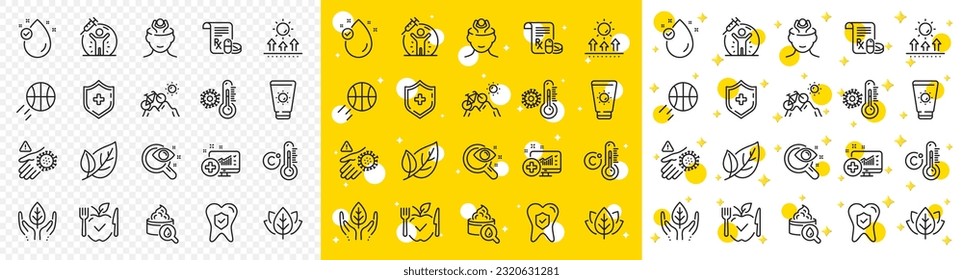 Outline Vaccine protection, Medical analytics and Organic tested line icons pack for web with Medical shield, Celsius thermometer, Dental insurance line icon. Vegetarian food, Vitamin e. Vector