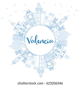 Outline Valencia Skyline with Blue Buildings and Copy Space. Vector Illustration. Business Travel and Tourism Concept with Historic Architecture. Image for Presentation Banner Placard and Web Site.