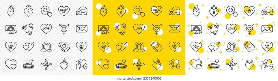 Outline Valentine, Genders and Honeymoon travel line icons pack for web with Hold heart, Heart, Rainbow line icon. Inclusion, Hearts, Like button pictogram icon. Friends community. Vector