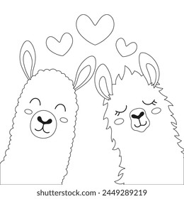 outline valentines card with llamas and hearts, flat vector illustration of cartoon funny animals